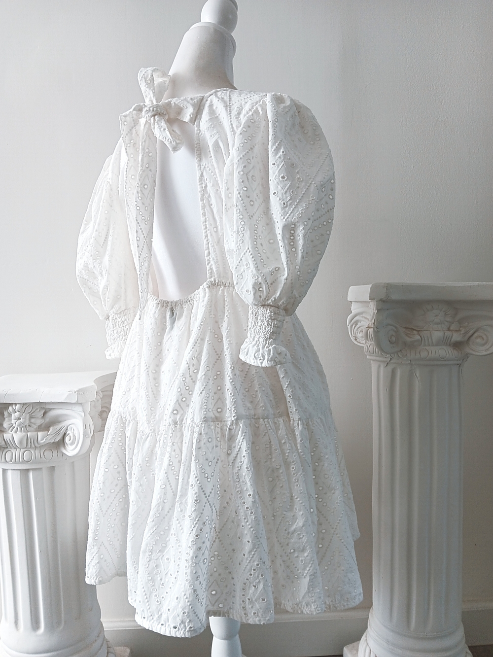 Boho Minimalist Misa White Eyelet Cotton Puff Sleeve Open Tie Back Mini Dress S